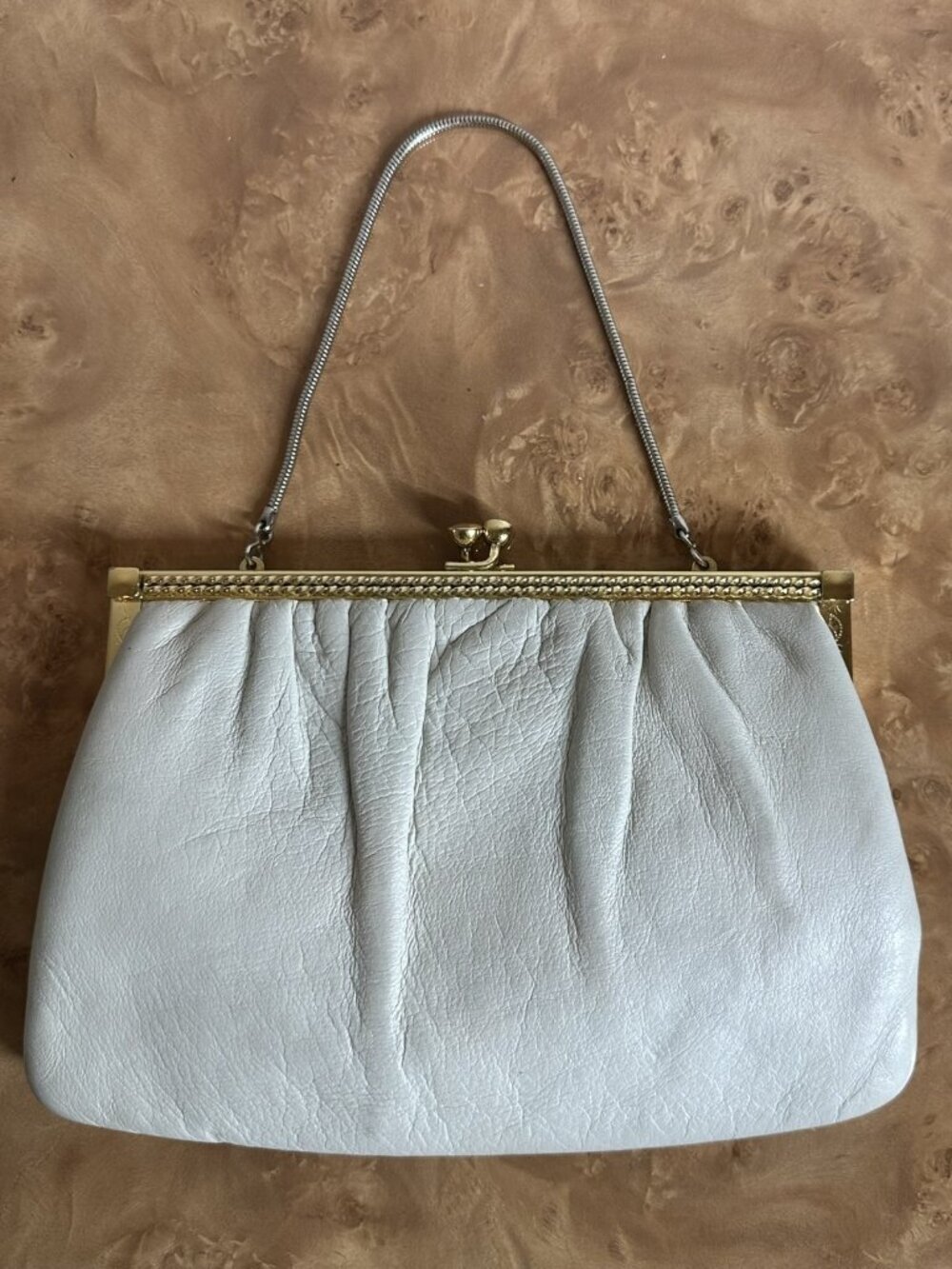 Vintage Etra Off-White Leather Clutch Purse Gold Kiss Lock Evening Bag MCM